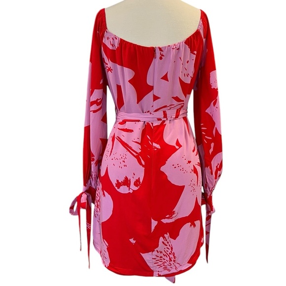 Bardot Dariela Star Lily Red Pink Long Sleeve Off Shoulder Mini Dress Size 10 - Picture 5 of 13